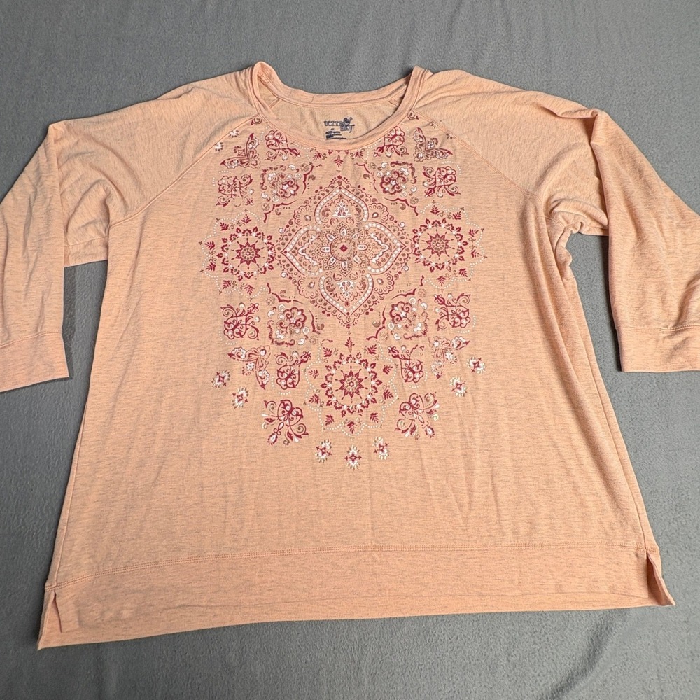 Terra & Sky Womens 4X Peach Medallion Graphic 3/4 Sleeve Raglan Top Plus Size